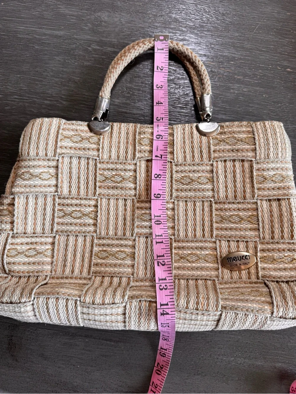 Meucci Italian Woven Shoulder HandBag Purse Tan Gold